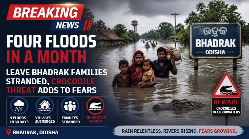 Four Floods in a Month Leave Bhadrak Families Stranded, Crocodile Threat Adds to Fears